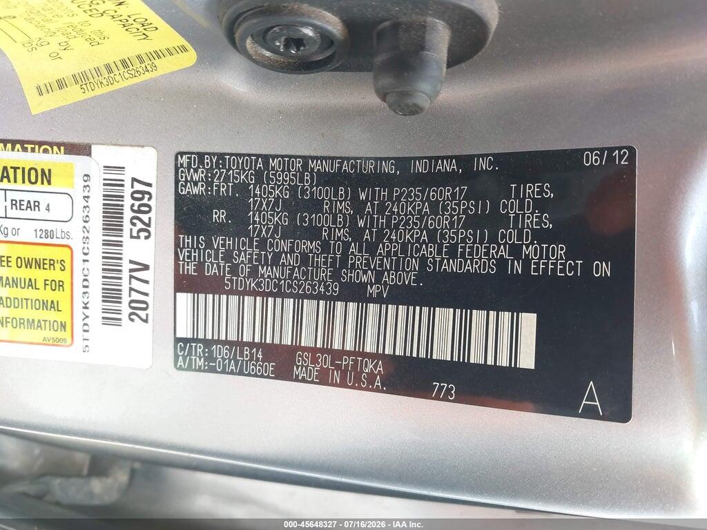 5TDYK3DC1CS263439 2012 TOYOTA SIENNA photo no. 9