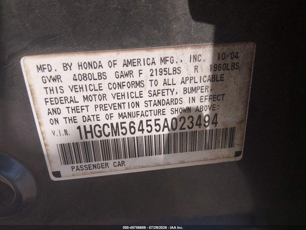 1HGCM56455A023494 2005 HONDA ACCORD photo no. 9