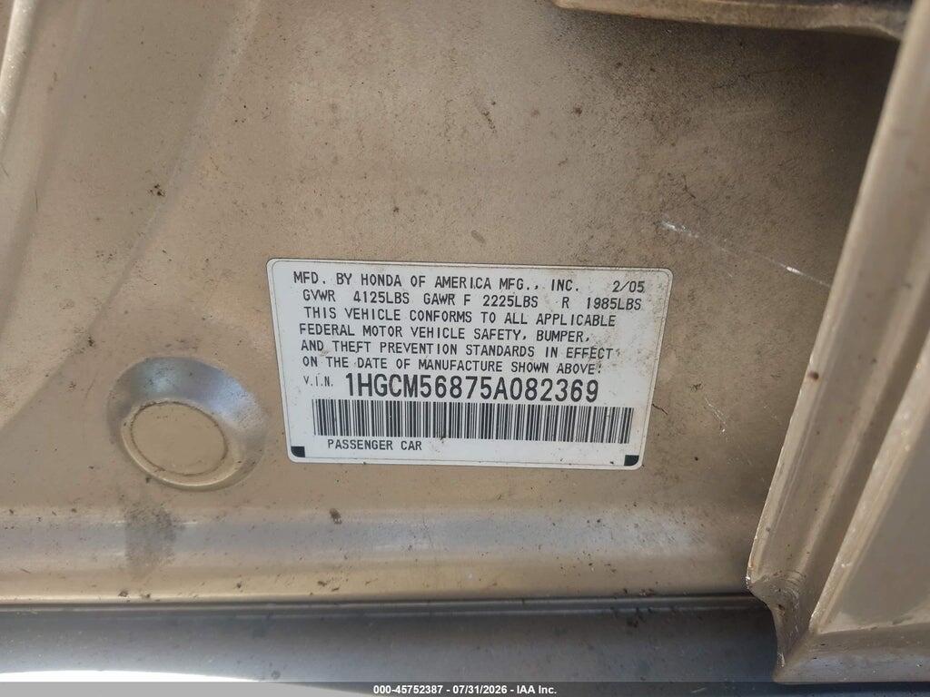 1HGCM56875A082369 2005 HONDA ACCORD photo no. 9