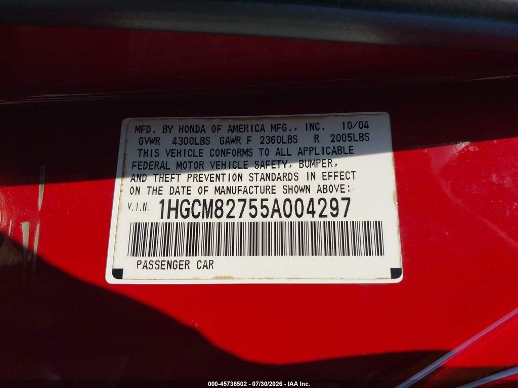 1HGCM82755A004297 2005 HONDA ACCORD photo no. 9