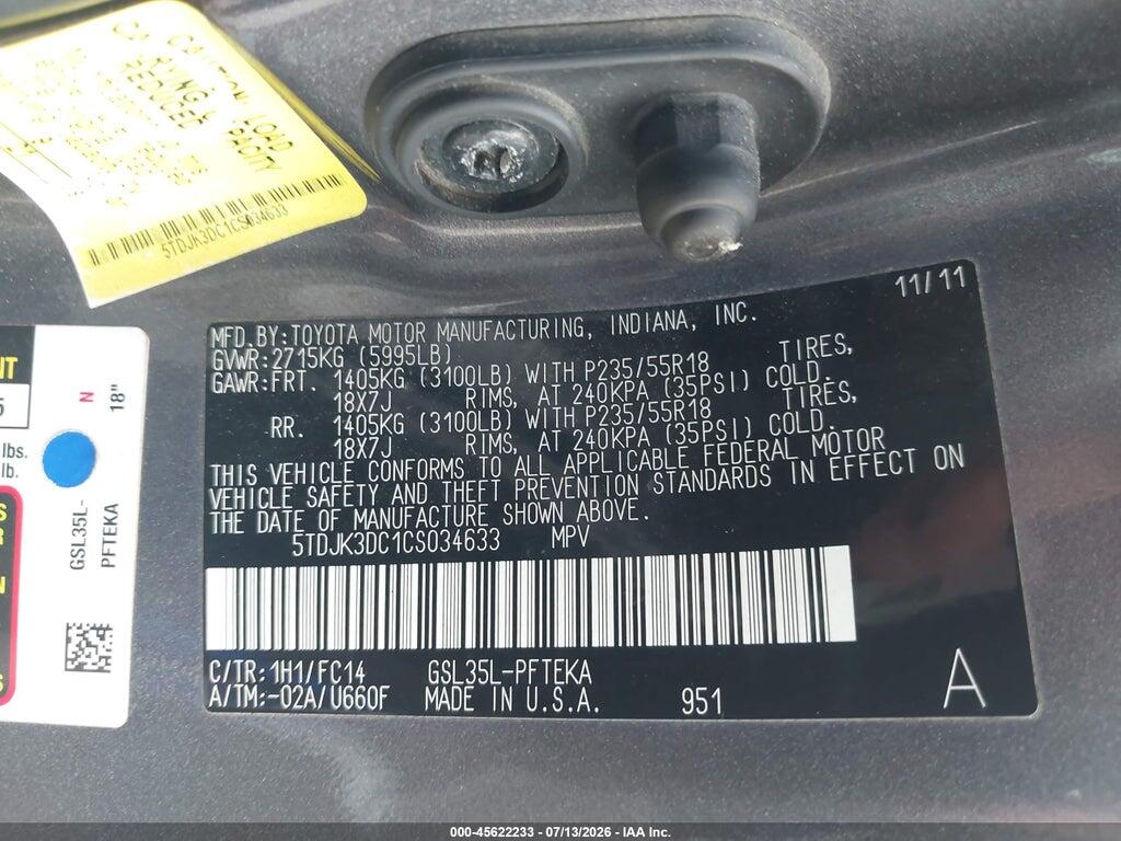 5TDJK3DC1CS034633 2012 TOYOTA SIENNA photo no. 9