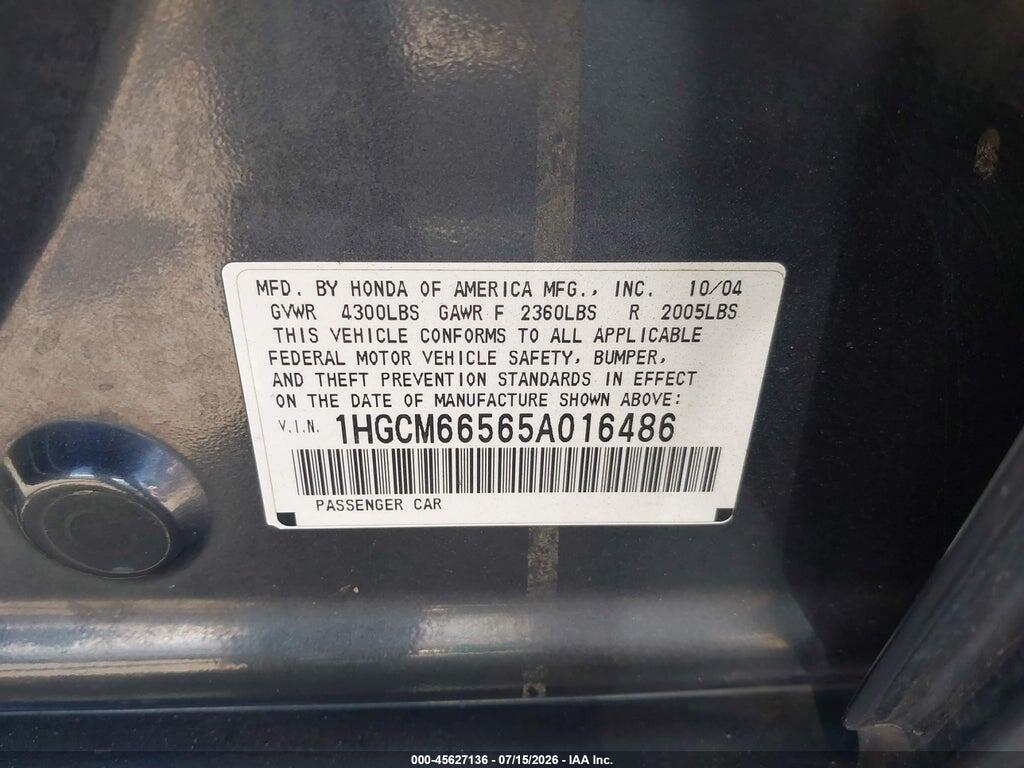1HGCM66565A016486 2005 HONDA ACCORD photo no. 9