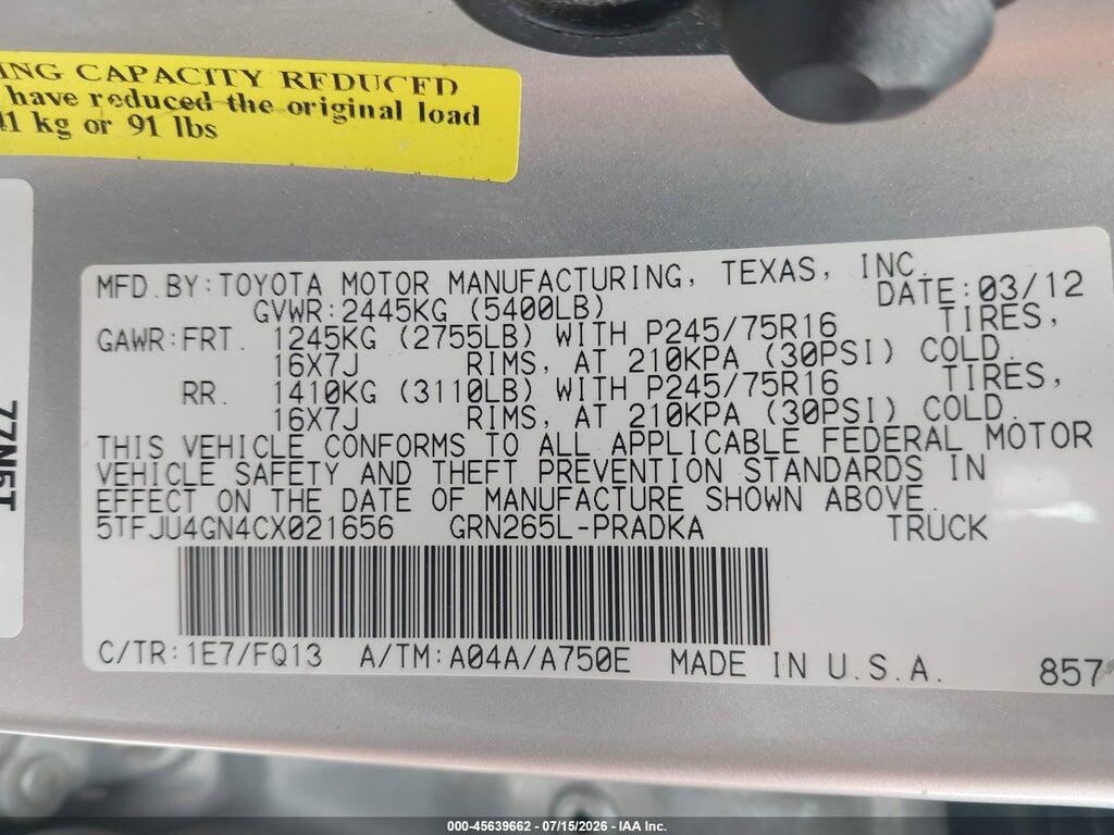 5TFJU4GN4CX021656 2012 TOYOTA TACOMA photo no. 9