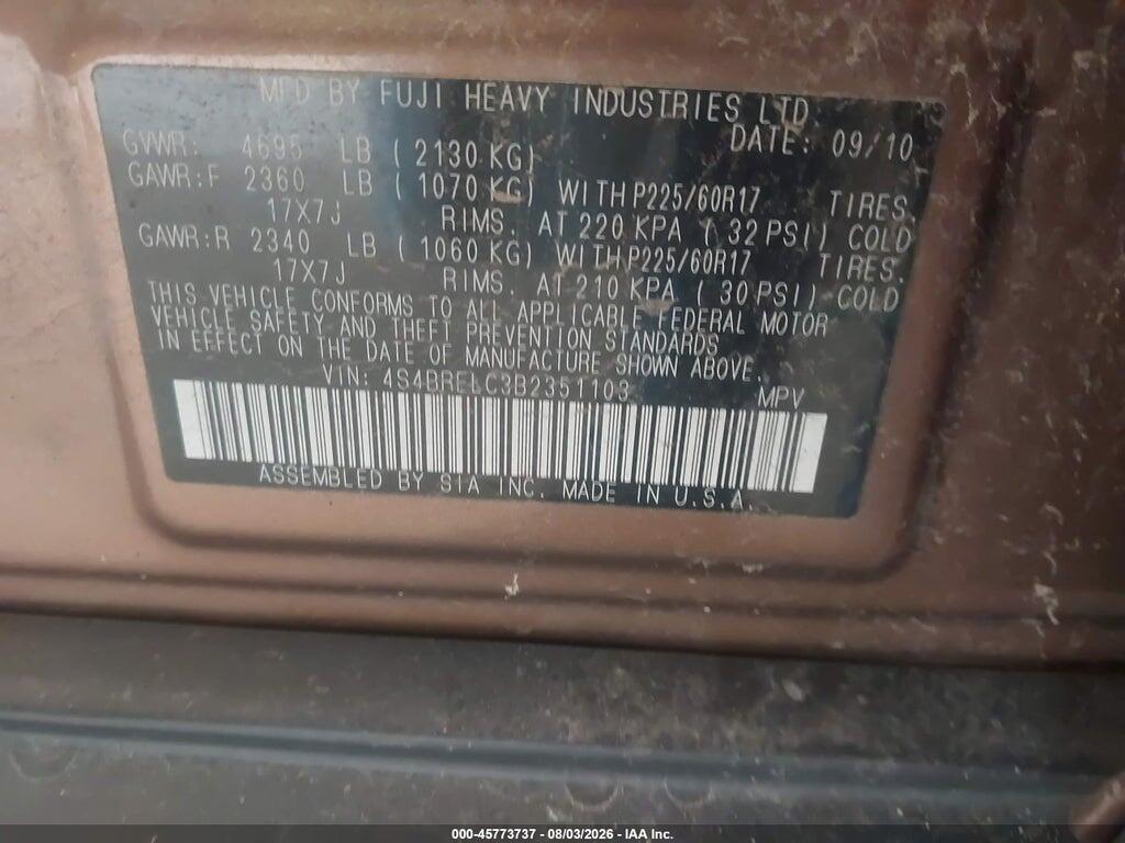 4S4BRELC3B2351103 2011 SUBARU OUTBACK photo no. 9