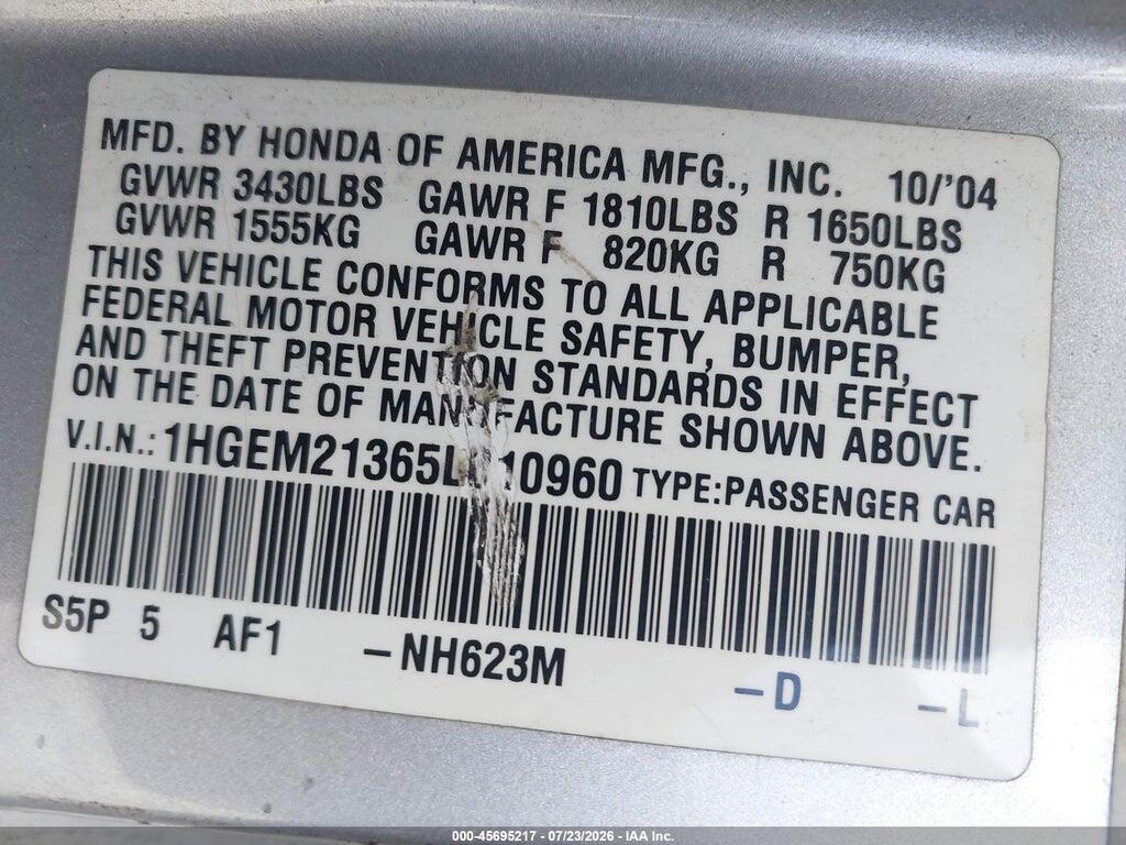 1HGEM21365L010960 2005 HONDA CIVIC photo no. 9