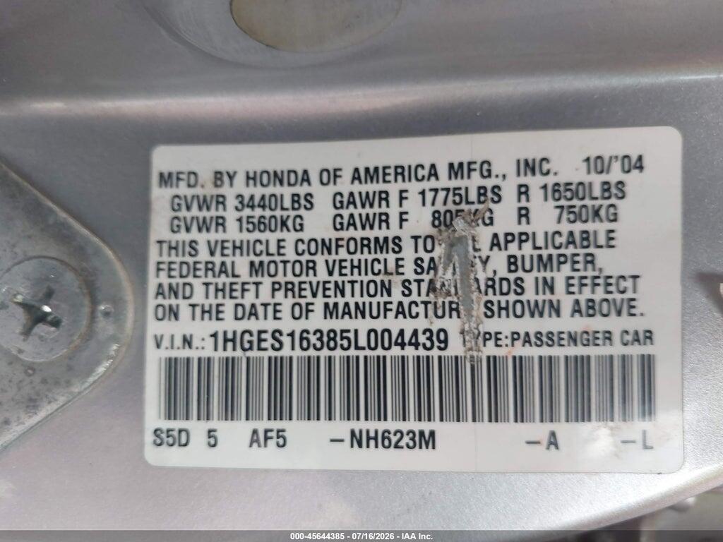 1HGES16385L004439 2005 HONDA CIVIC photo no. 9