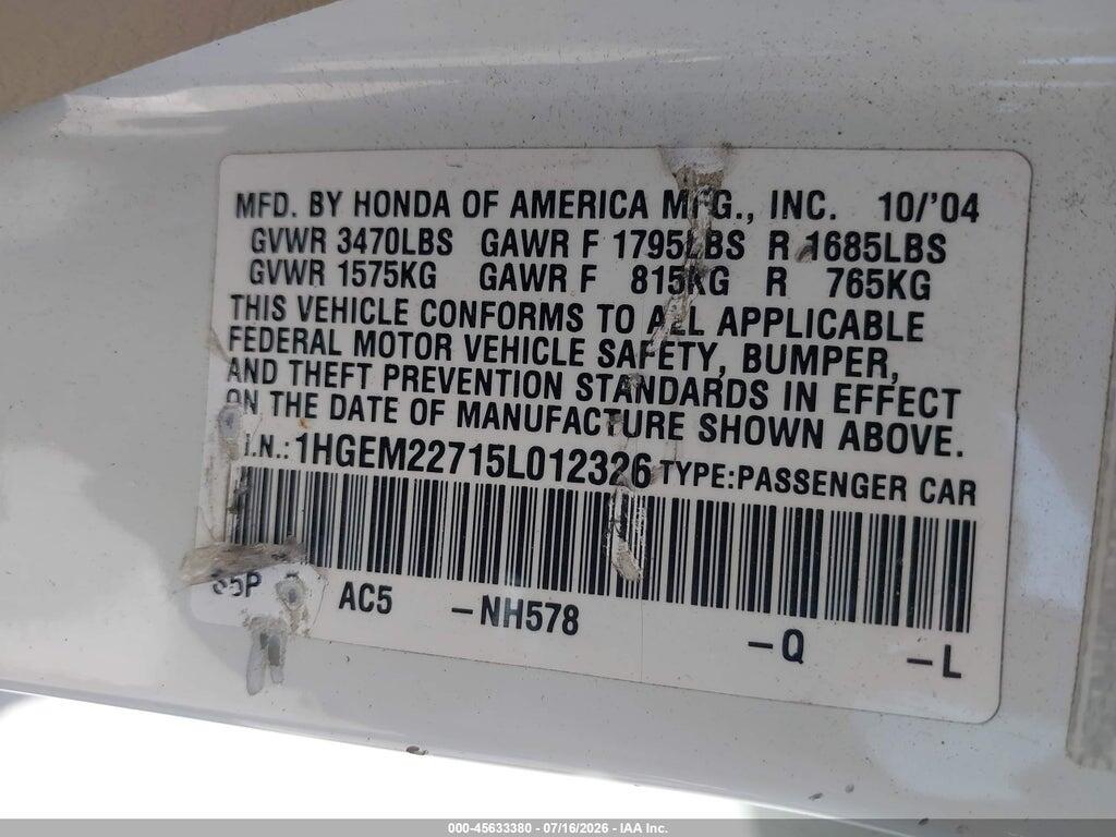 1HGEM22715L012326 2005 HONDA CIVIC photo no. 9