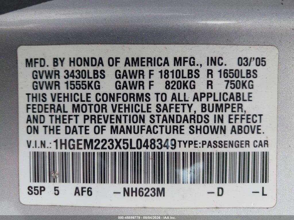 1HGEM223X5L048349 2005 HONDA CIVIC photo no. 9