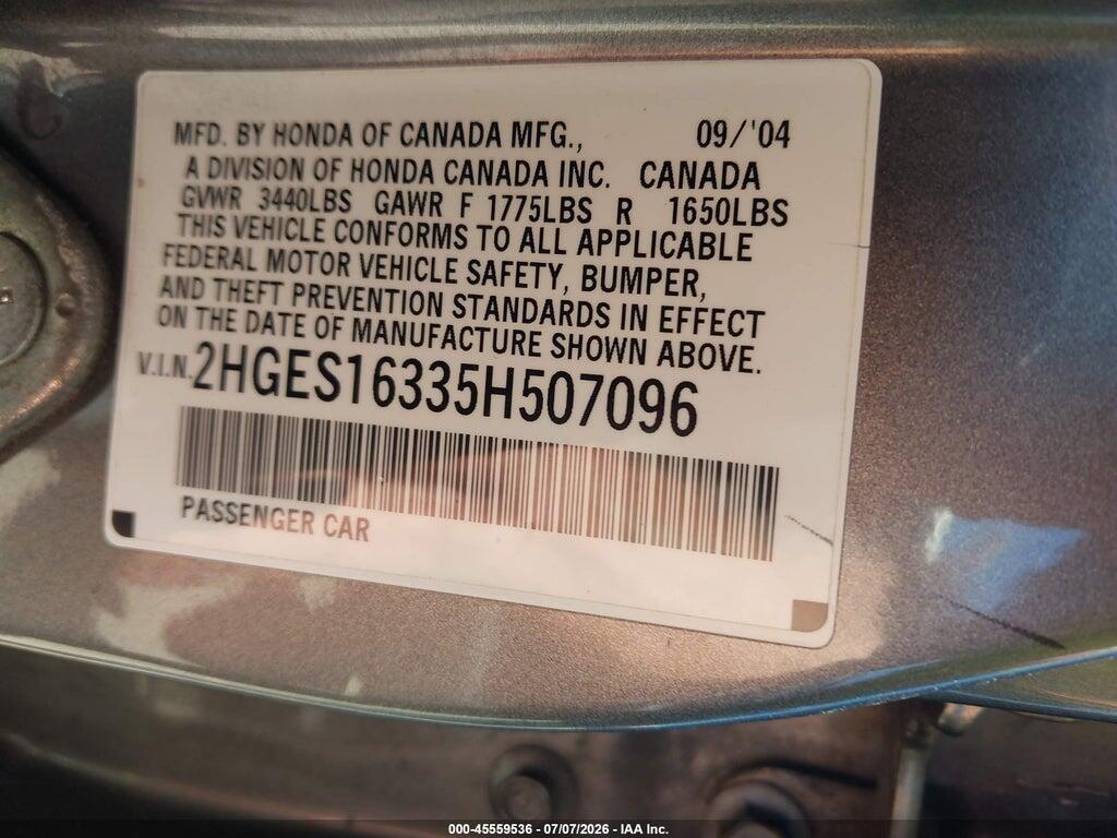 2HGES16335H507096 2005 HONDA CIVIC photo no. 9