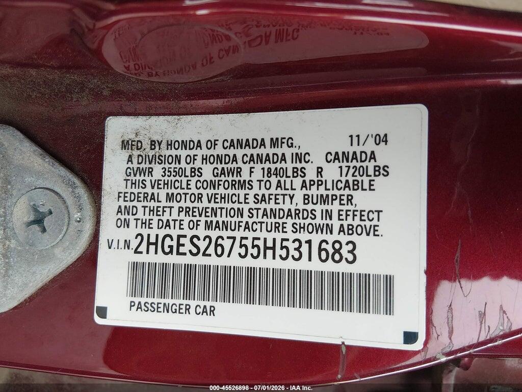 2HGES26755H531683 2005 HONDA CIVIC photo no. 9
