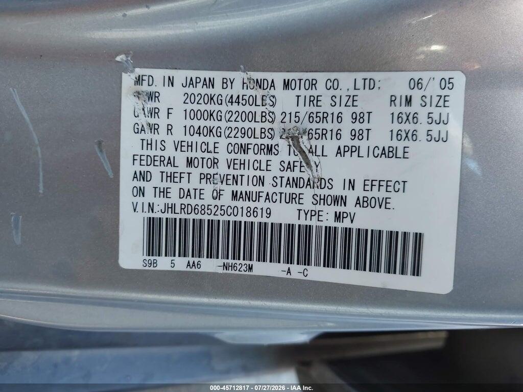 JHLRD68525C018619 2005 HONDA CR-V photo no. 9