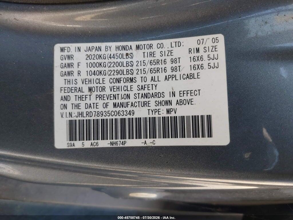 JHLRD78935C063349 2005 HONDA CR-V photo no. 9