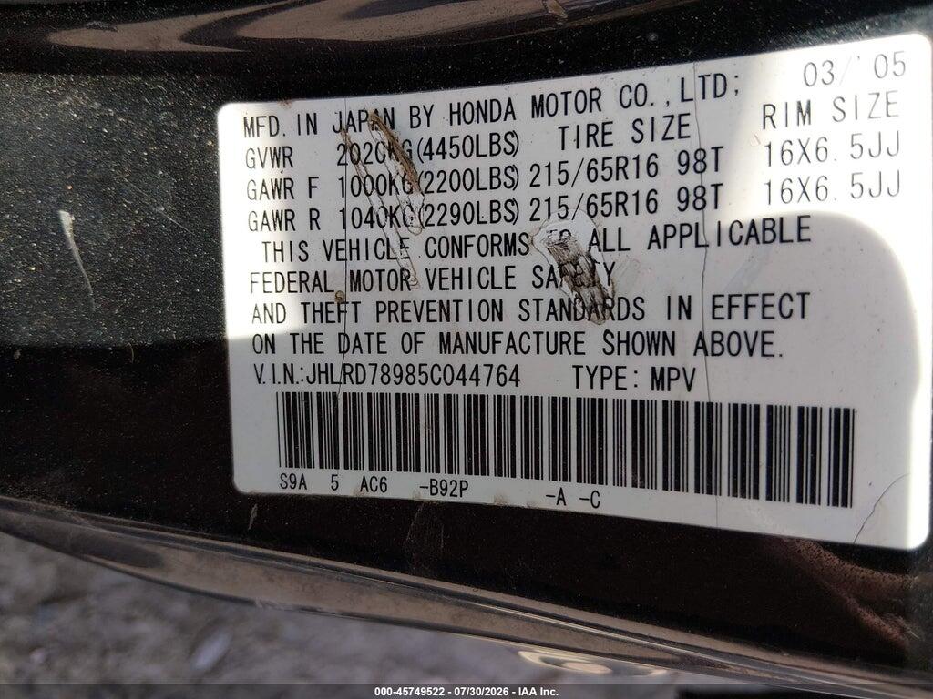 JHLRD78985C044764 2005 HONDA CR-V photo no. 9