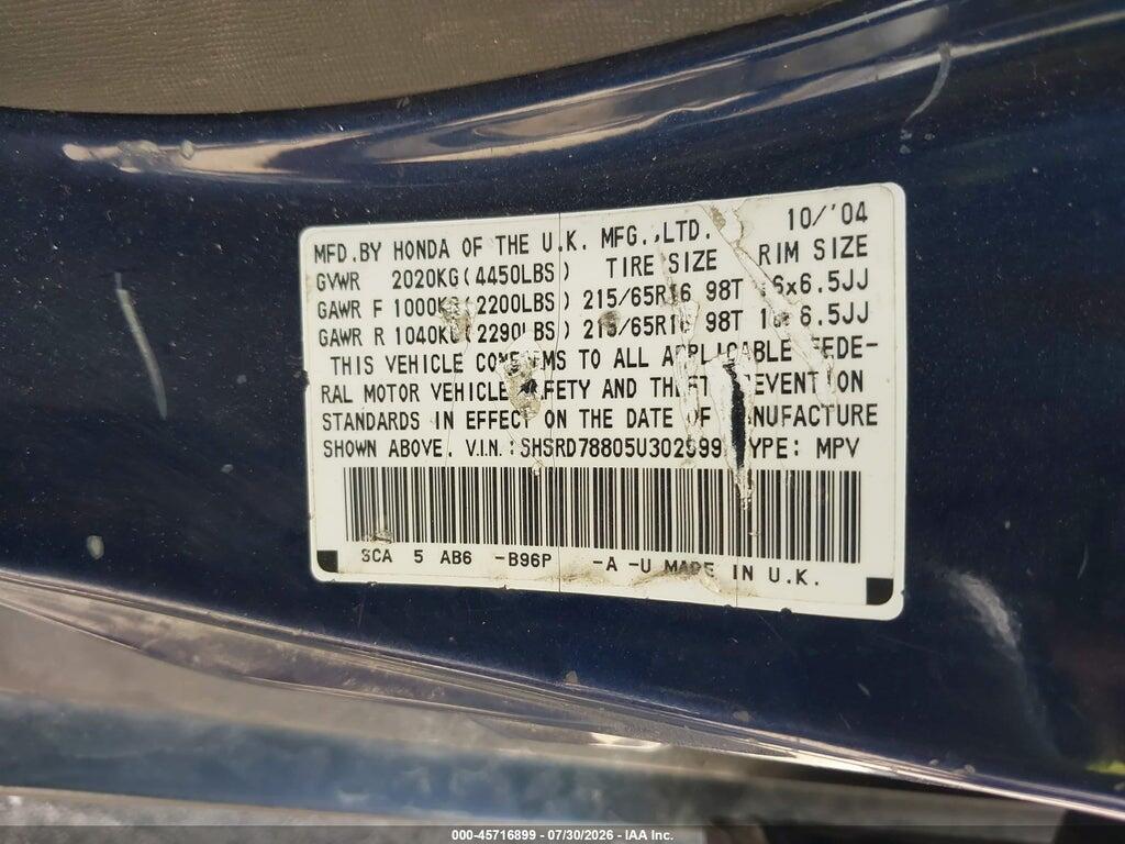 SHSRD78805U302999 2005 HONDA CR-V photo no. 9