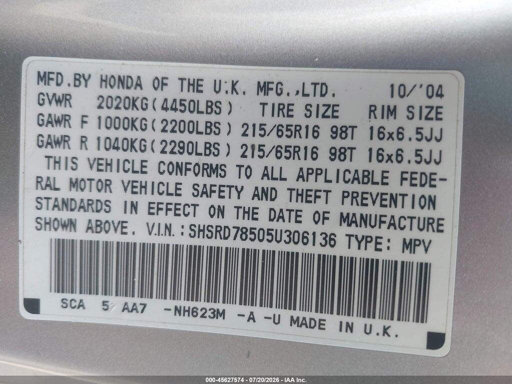 SHSRD78505U306136 2005 HONDA CR-V photo no. 9
