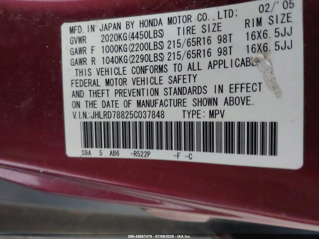 JHLRD78825C037848 2005 HONDA CR-V photo no. 9