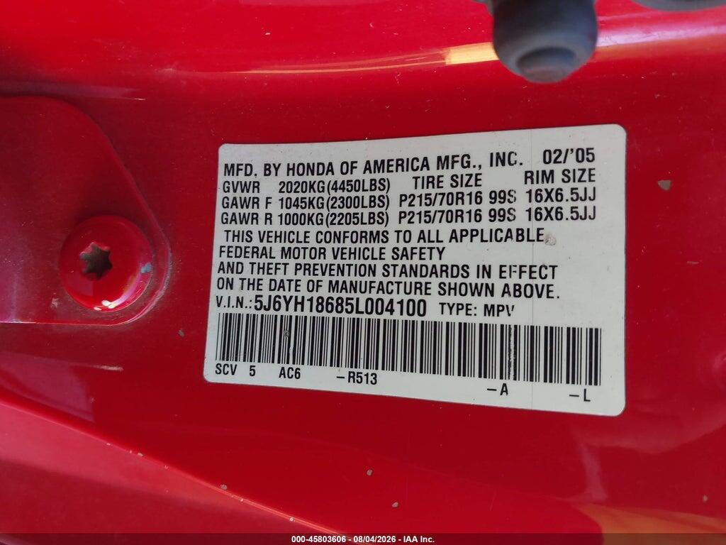 5J6YH18685L004100 2005 HONDA ELEMENT photo no. 9