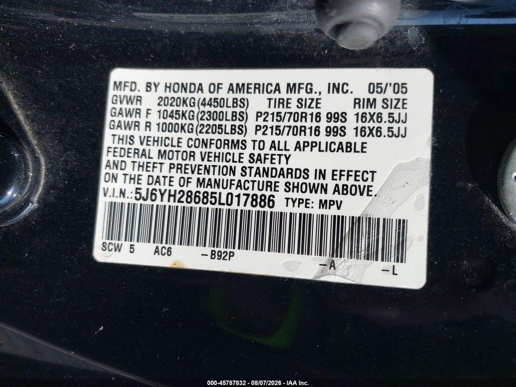 5J6YH28685L017886 2005 HONDA ELEMENT photo no. 9