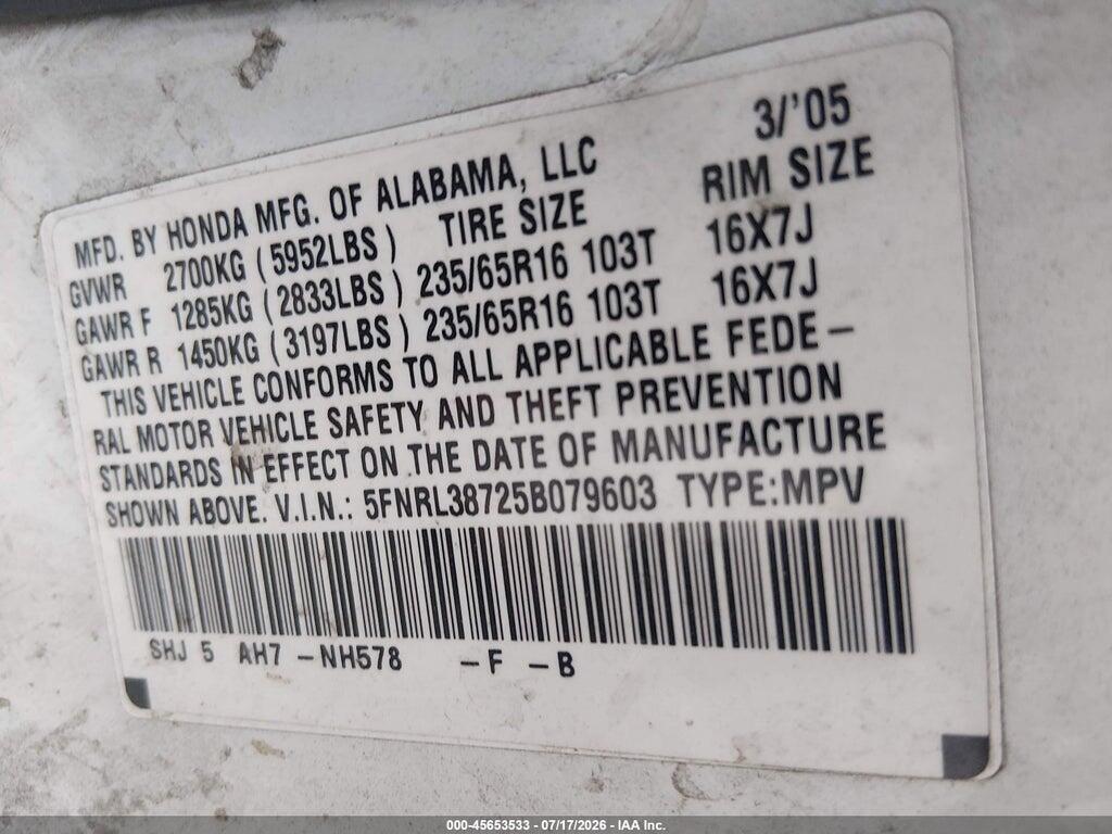 5FNRL38725B079603 2005 HONDA ODYSSEY photo no. 9