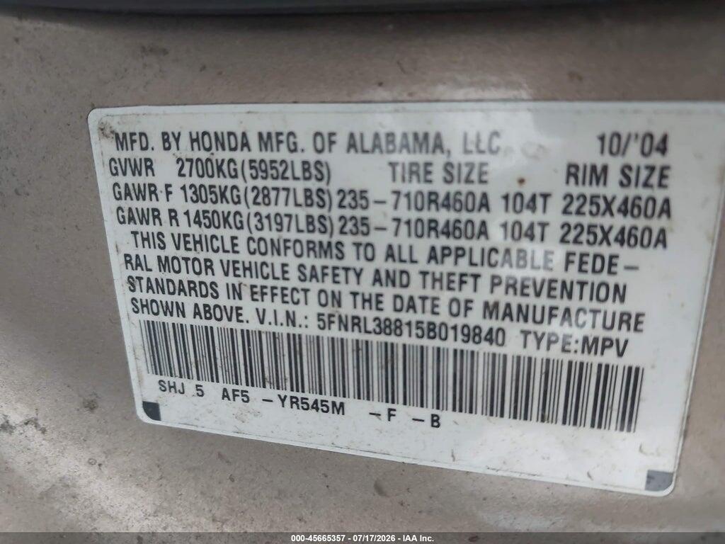 5FNRL38815B019840 2005 HONDA ODYSSEY photo no. 9