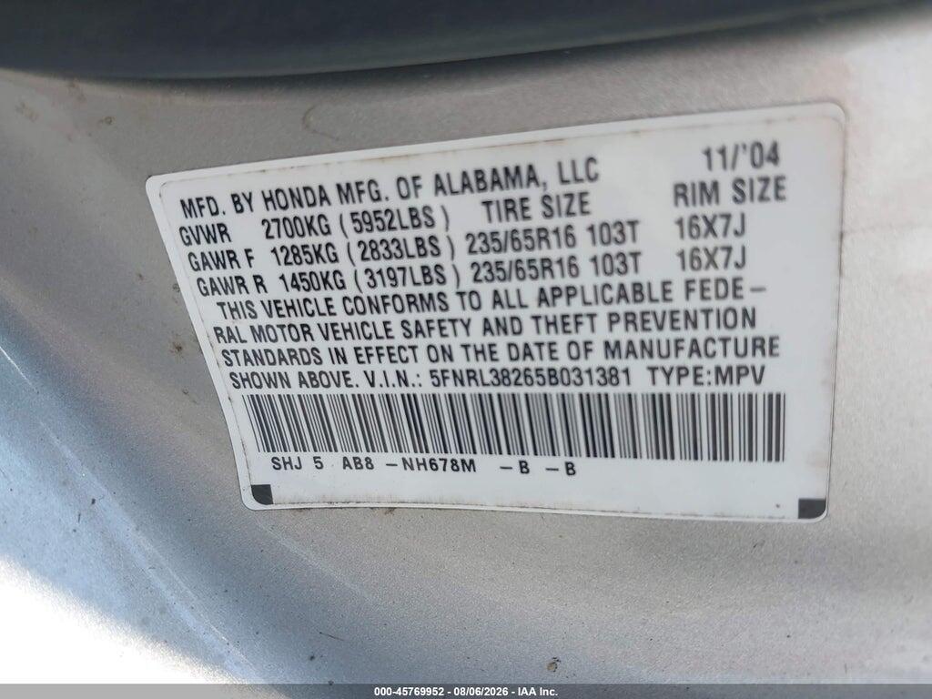 5FNRL38265B031381 2005 HONDA ODYSSEY photo no. 9