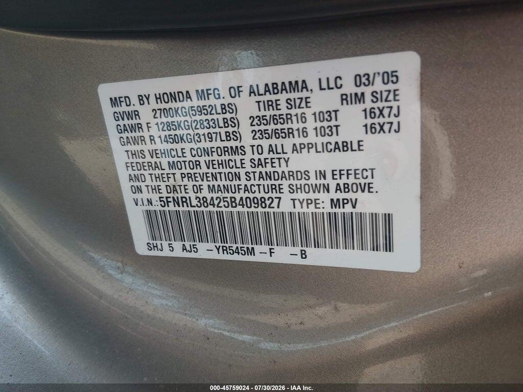 5FNRL38425B409827 2005 HONDA ODYSSEY photo no. 9