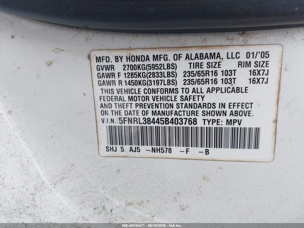 5FNRL38445B403768 2005 HONDA ODYSSEY photo no. 9