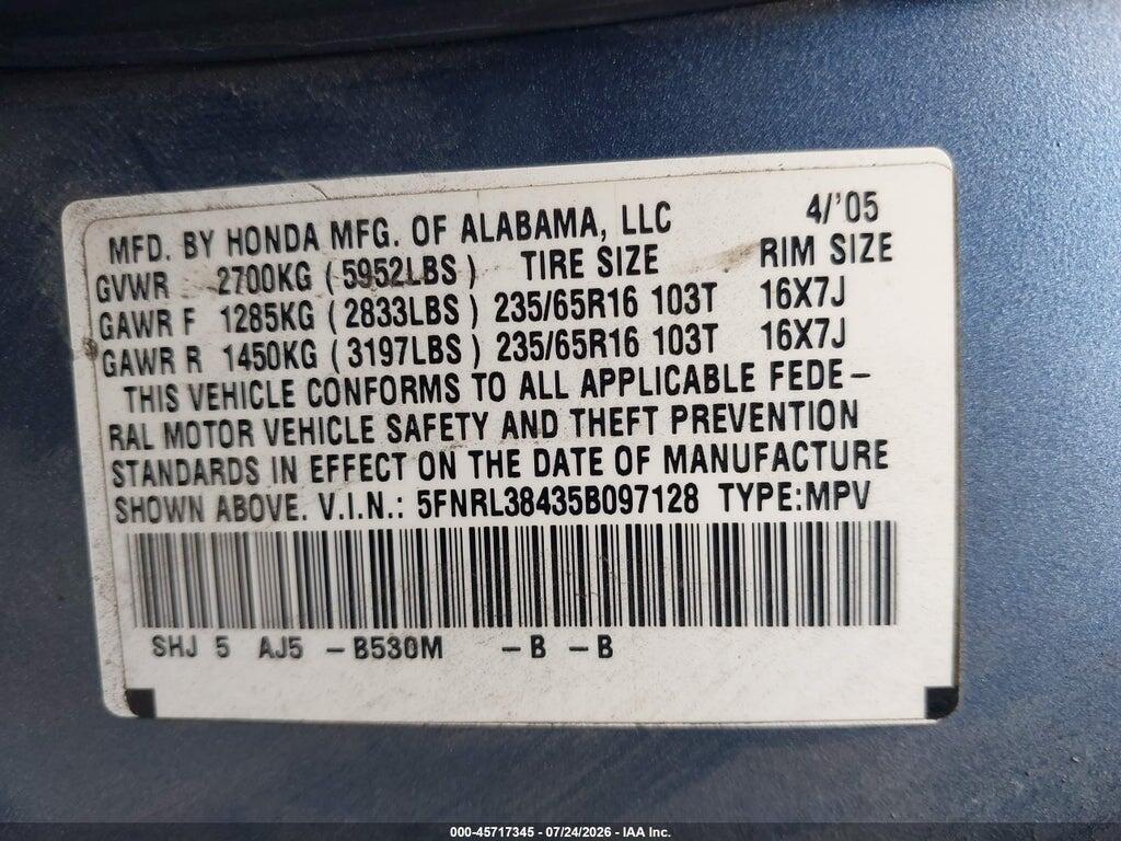 5FNRL38435B097128 2005 HONDA ODYSSEY photo no. 9