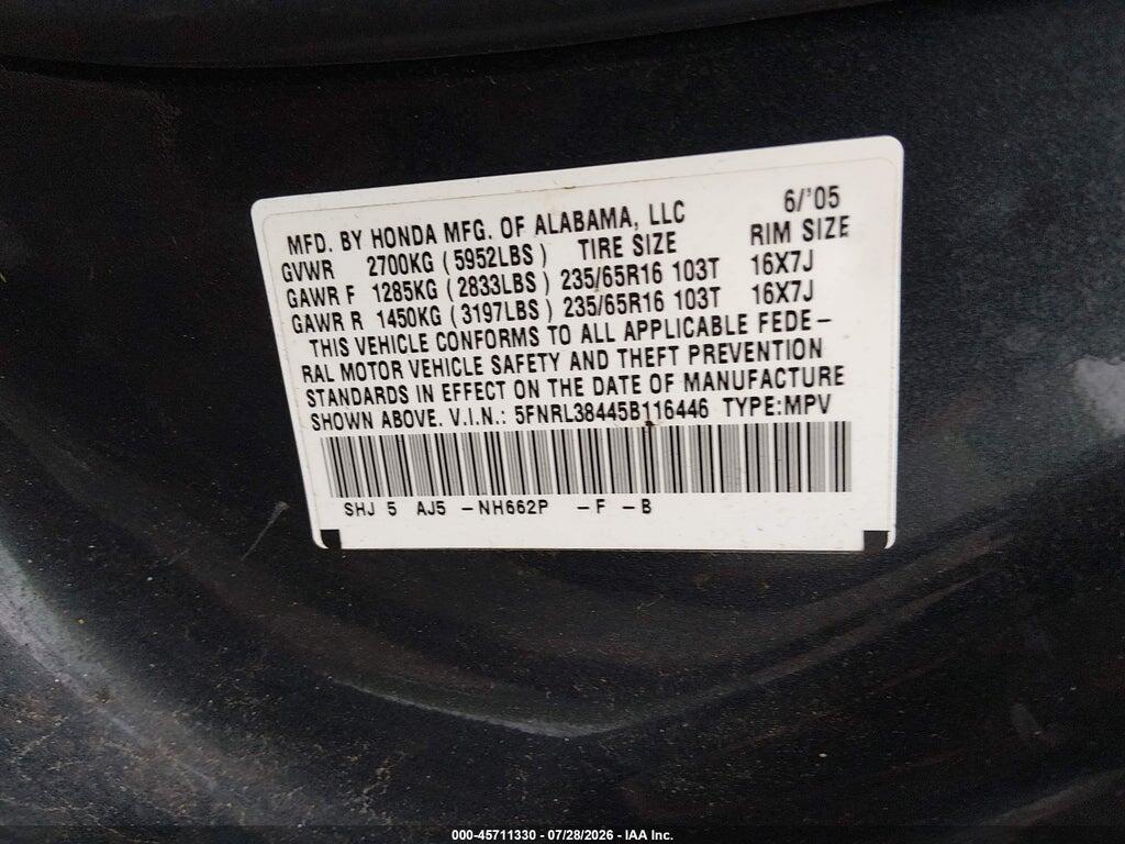 5FNRL38445B116446 2005 HONDA ODYSSEY photo no. 9