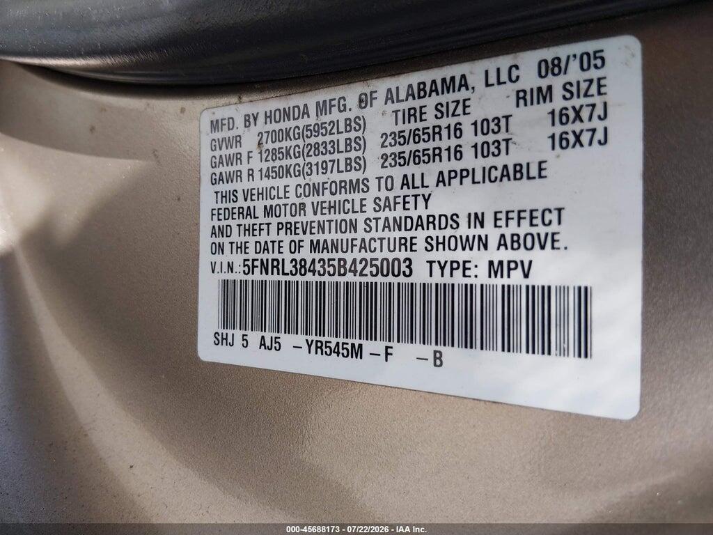 5FNRL38435B425003 2005 HONDA ODYSSEY photo no. 9