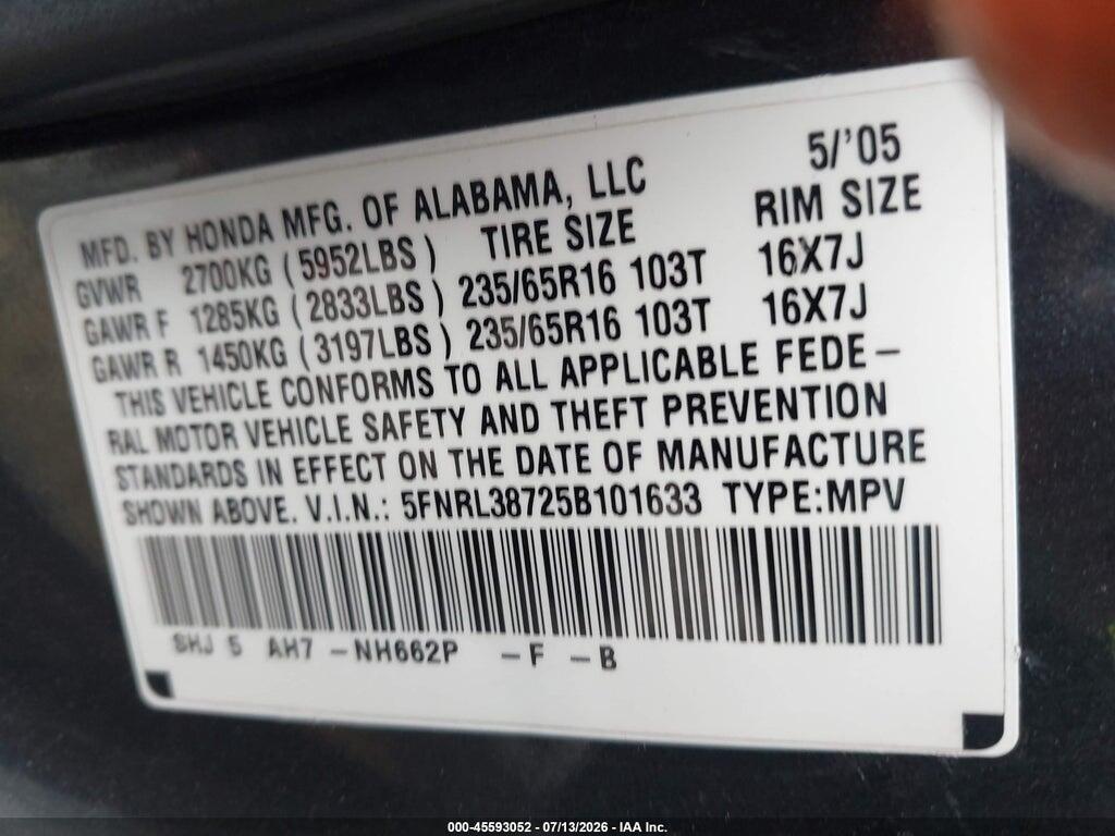 5FNRL38725B101633 2005 HONDA ODYSSEY photo no. 9