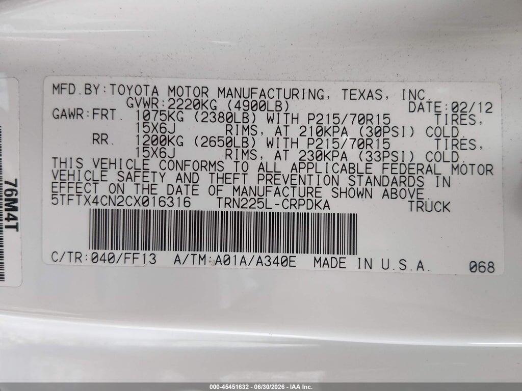 5TFTX4CN2CX016316 2012 TOYOTA TACOMA photo no. 9