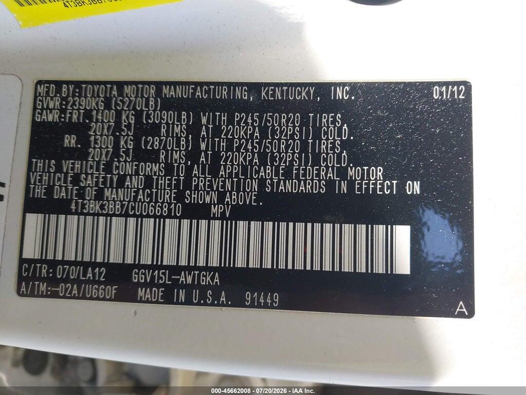 4T3BK3BB7CU066810 2012 TOYOTA VENZA photo no. 9