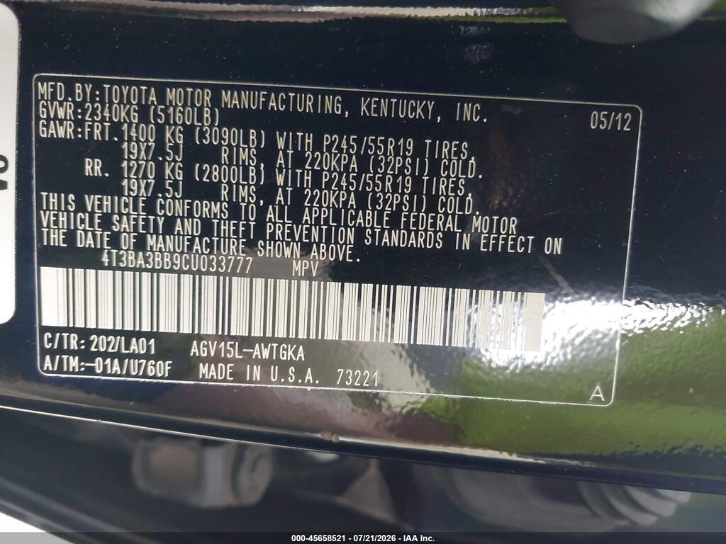 4T3BA3BB9CU033777 2012 TOYOTA VENZA photo no. 9
