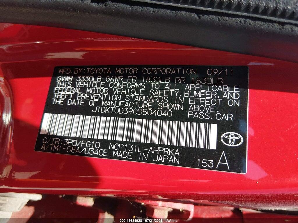 JTDKTUD39CD504040 2012 TOYOTA YARIS photo no. 9
