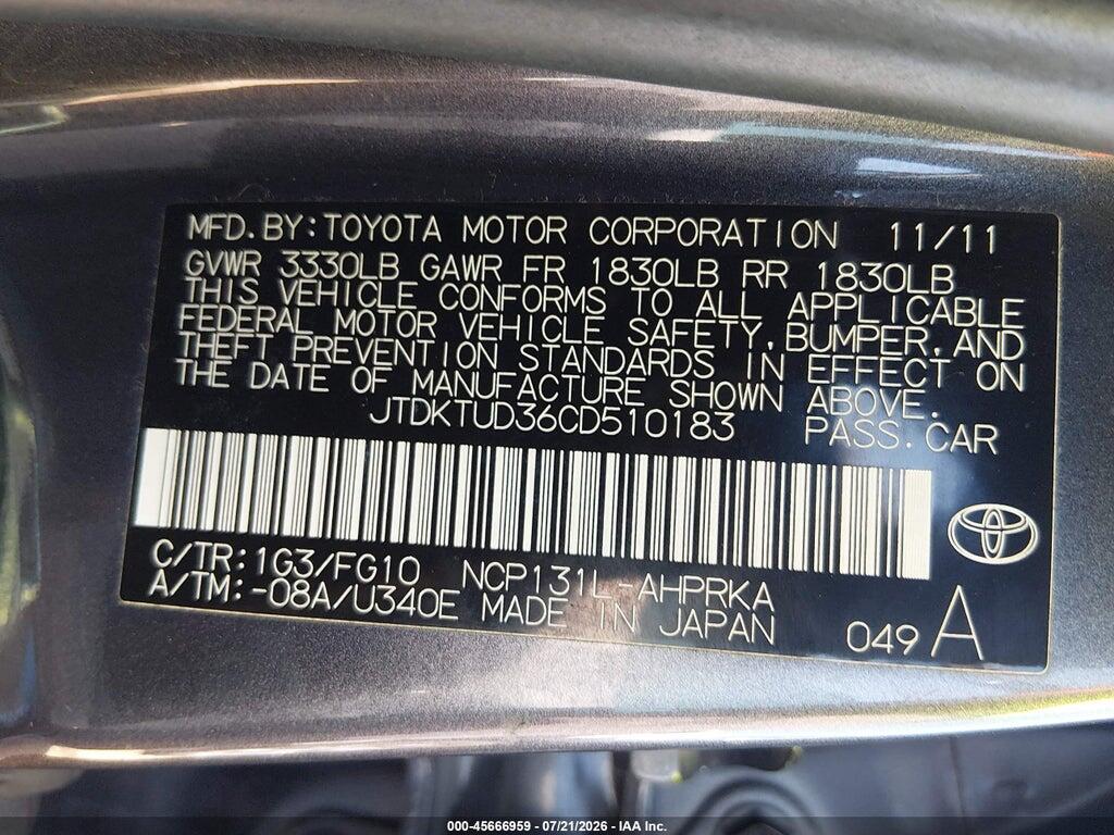 JTDKTUD36CD510183 2012 TOYOTA YARIS photo no. 9