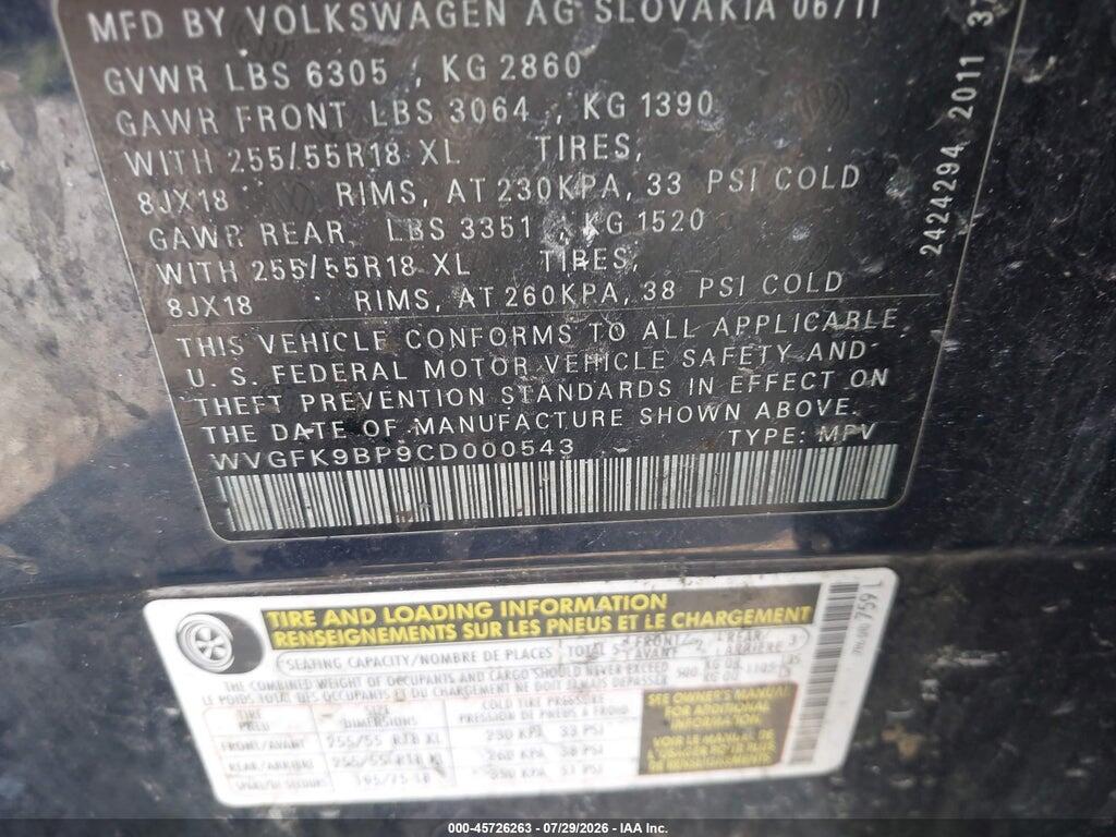 WVGFK9BP9CD000543 2012 VOLKSWAGEN TOUAREG photo no. 9