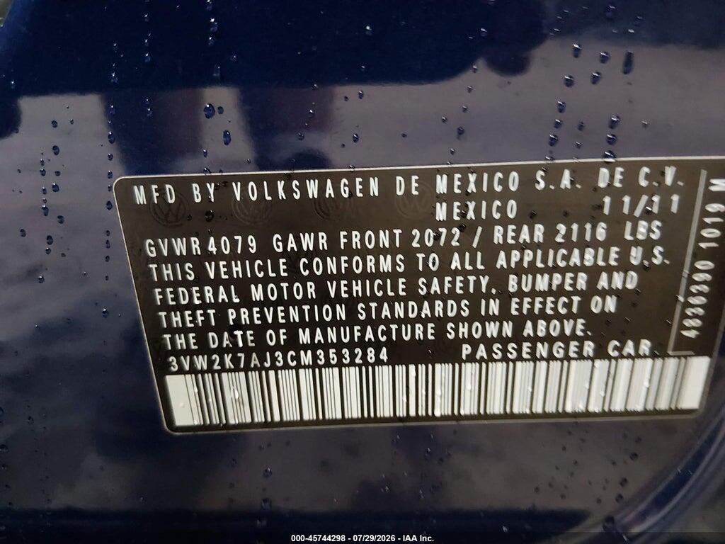 3VW2K7AJ3CM353284 2012 VOLKSWAGEN JETTA photo no. 9