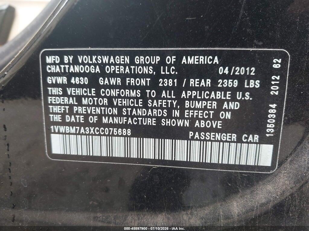 1VWBM7A3XCC075688 2012 VOLKSWAGEN PASSAT photo no. 9