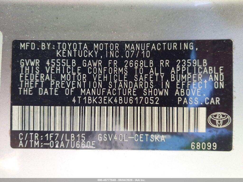 4T1BK3EK4BU617052 2011 TOYOTA CAMRY photo no. 9