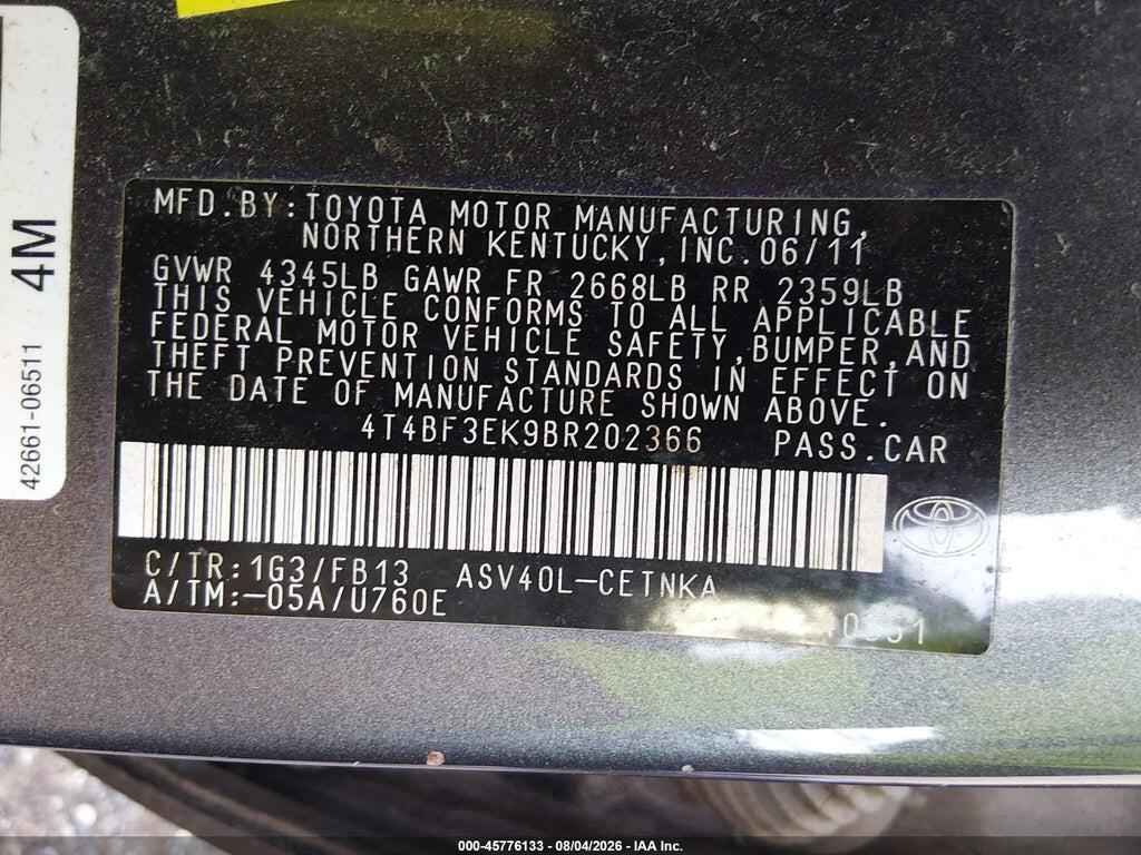 4T4BF3EK9BR202366 2011 TOYOTA CAMRY photo no. 9