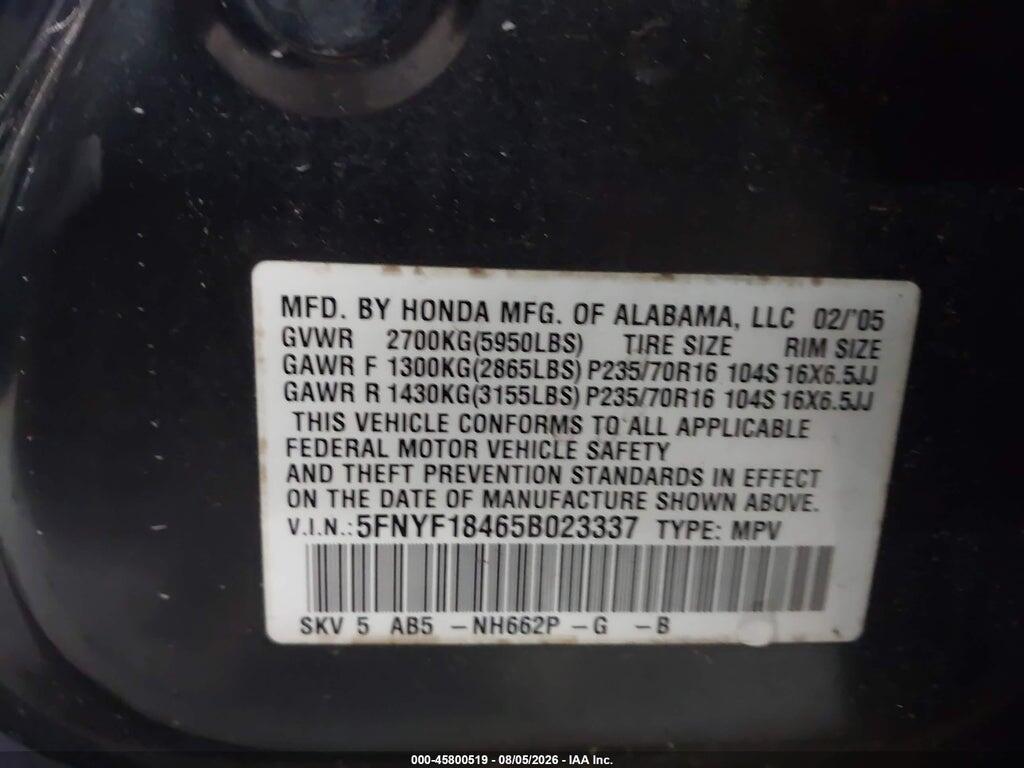 5FNYF18465B023337 2005 HONDA PILOT photo no. 9