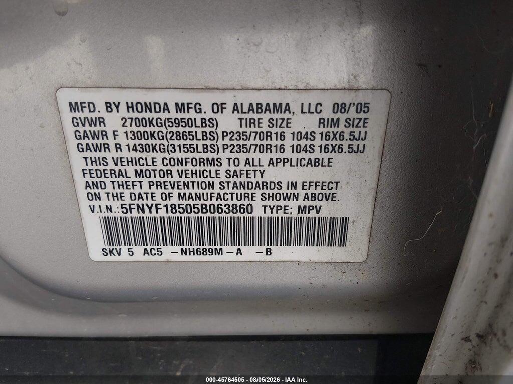 5FNYF18505B063860 2005 HONDA PILOT photo no. 9