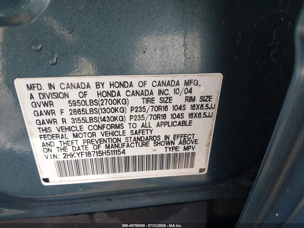 2HKYF18715H511154 2005 HONDA PILOT photo no. 9