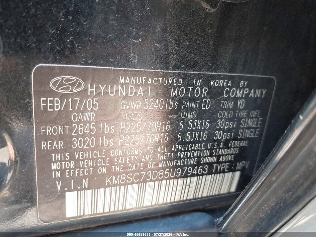 KM8SC73D85U979463 2005 HYUNDAI SANTA FE photo no. 9