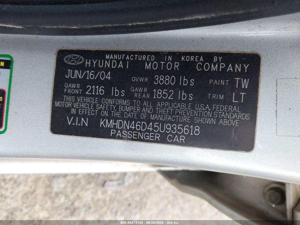 KMHDN46D45U935618 2005 HYUNDAI ELANTRA photo no. 9