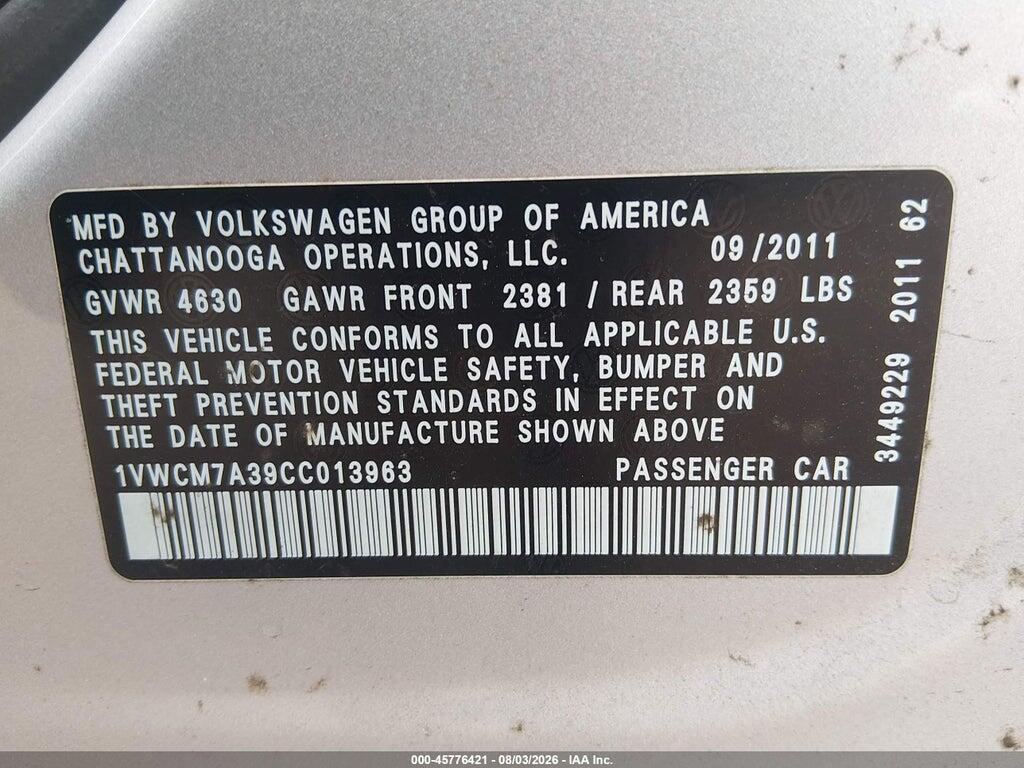1VWCM7A39CC013963 2012 VOLKSWAGEN PASSAT photo no. 9