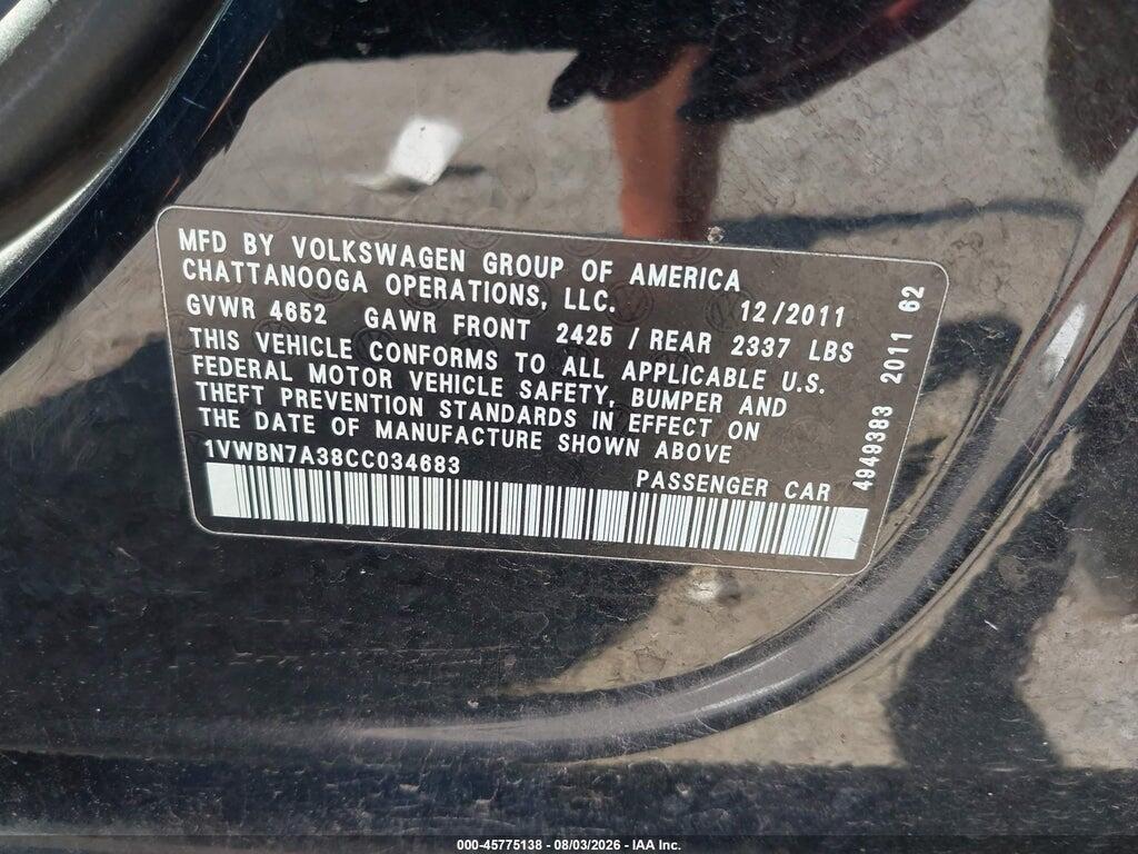 1VWBN7A38CC034683 2012 VOLKSWAGEN PASSAT photo no. 9