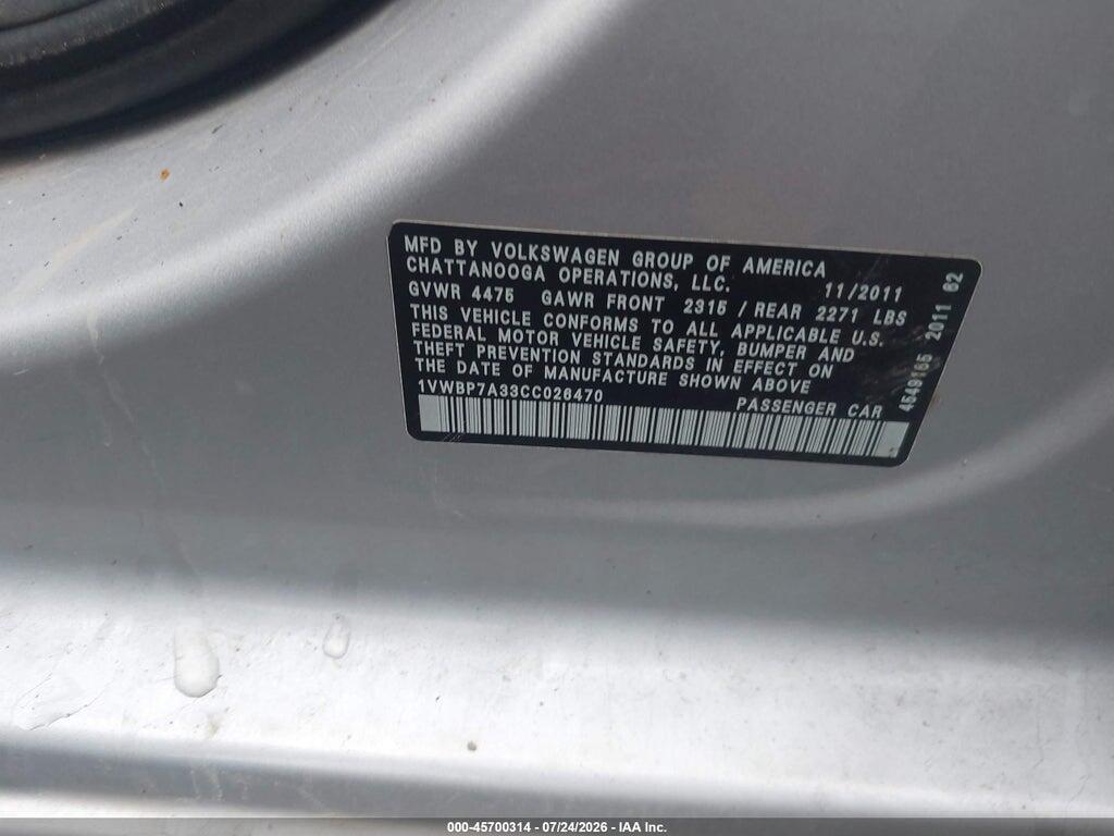 1VWBP7A33CC026470 2012 VOLKSWAGEN PASSAT photo no. 9