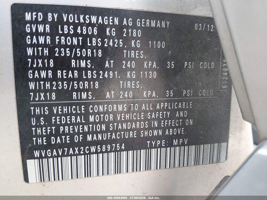 WVGAV7AX2CW589754 2012 VOLKSWAGEN TIGUAN photo no. 9